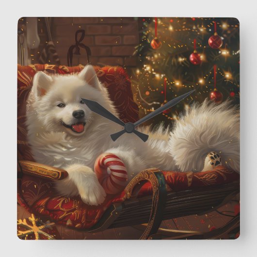 Samoyed Hond Kerstfeest Vierkante Klok (Voorkant)