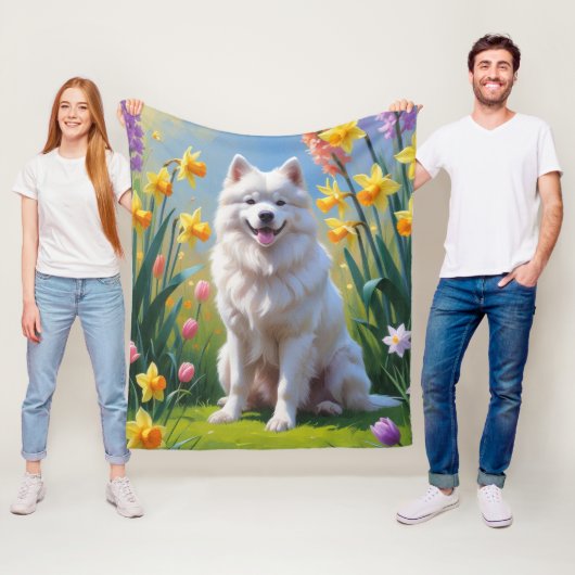 Samoyed Hond Lente Bloemen Schilderij Fleece Deken (In situ)