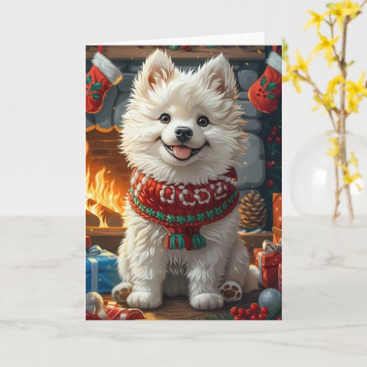 Samoyed Hond Met Kerstcadeaus Open Haard Kaart (Gele Bloem)