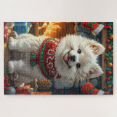 Samoyed-hond met kerstcadeaus open haard legpuzzel (Horizontaal)