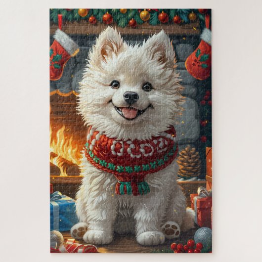 Samoyed-hond met kerstcadeaus open haard legpuzzel (Verticaal)