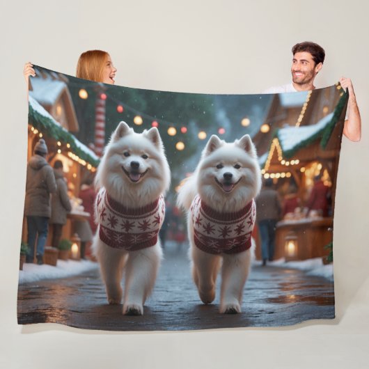 Samoyed Honden Kerst Sneeuw Vakantie Fleece Deken (In situ)