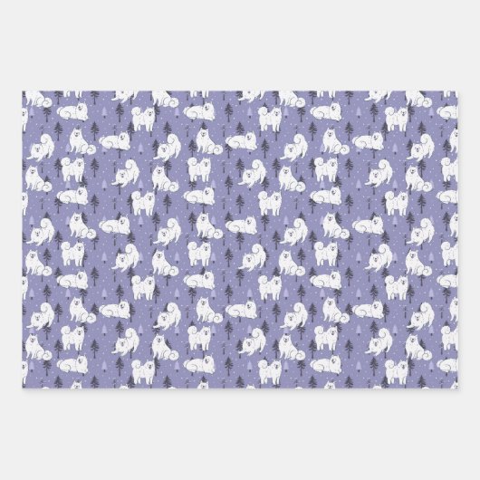 Samoyed husky hond met sneeuw op pijnbomen inpakpapier vel (Voorkant)