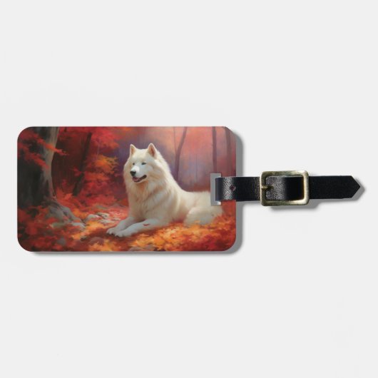 Samoyed in Autumn Leaves Herfst Inspire Bagagelabel (Voorkant horizontaal)