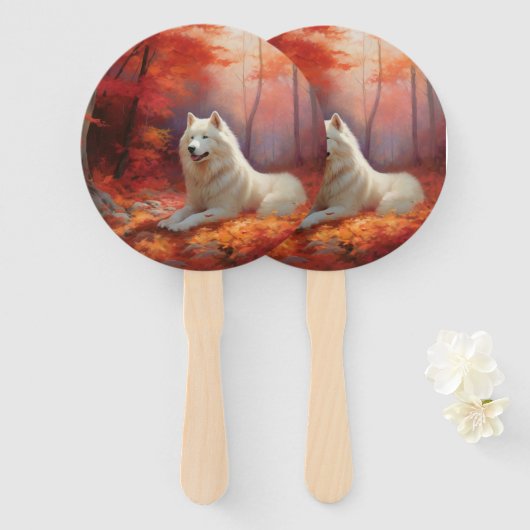 Samoyed in Autumn Leaves Herfst Inspire Handwaaier (Voorkant en achterkant)