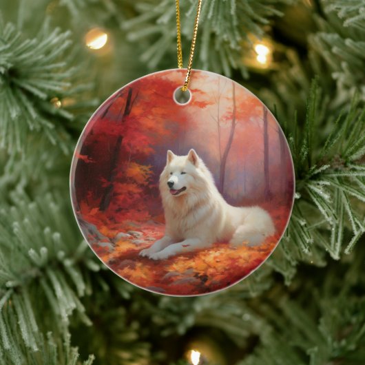 Samoyed in Autumn Leaves Herfst Inspire Keramisch Ornament (Boom)