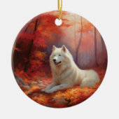 Samoyed in Autumn Leaves Herfst Inspire Keramisch Ornament (Voorkant)