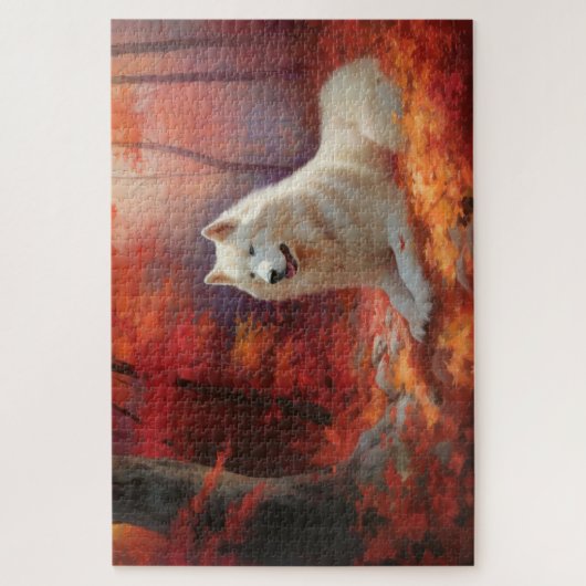 Samoyed in Autumn Leaves Herfst Inspire Legpuzzel (Verticaal)