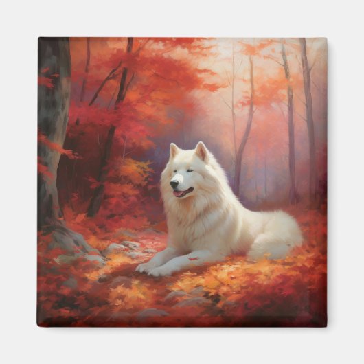 Samoyed in Autumn Leaves Herfst Inspire Magneet (Voorkant)