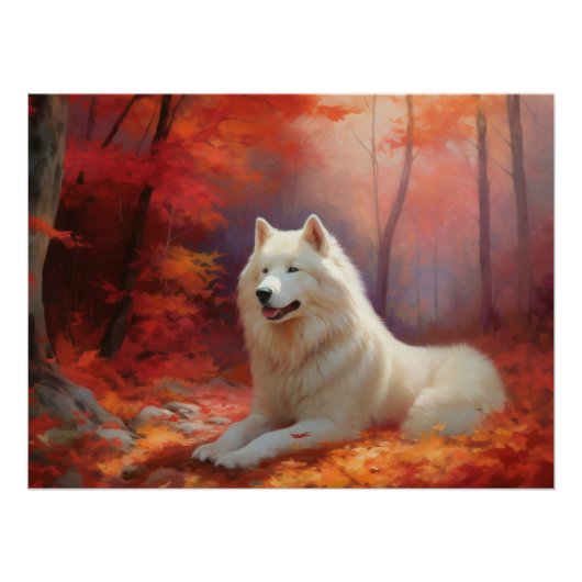 Samoyed in Autumn Leaves Herfst Inspire Perfect Poster (Voorkant)