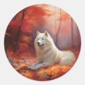 Samoyed in Autumn Leaves Herfst Inspire Ronde Sticker (Voorkant)