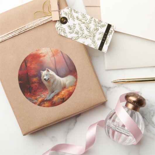 Samoyed in Autumn Leaves Herfst Inspire Ronde Sticker (Geschenken)