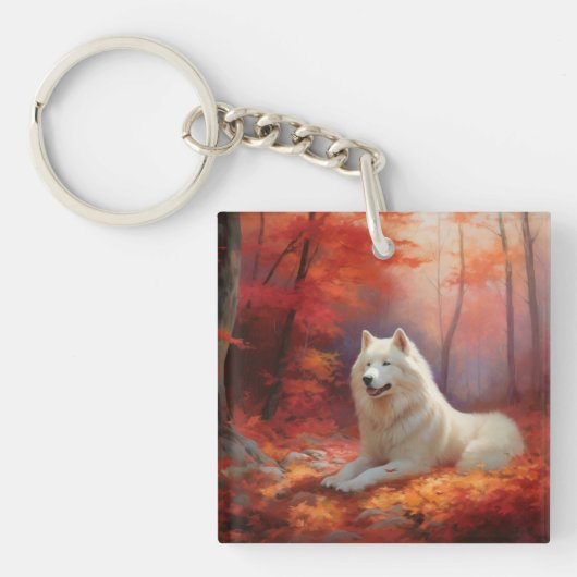 Samoyed in Autumn Leaves Herfst Inspire Sleutelhanger (Voorkant)