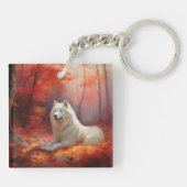 Samoyed in Autumn Leaves Herfst Inspire Sleutelhanger (Achterkant)