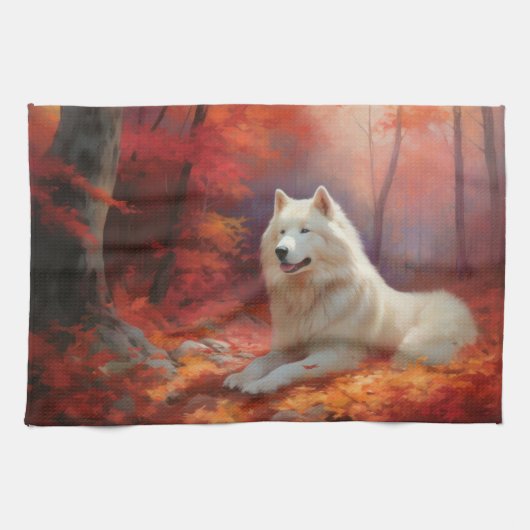 Samoyed in Autumn Leaves Herfst Inspire Theedoek (Horizontaal)