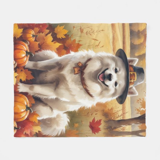 Samoyed in Autumn verlaat Thanksgiving kunst Fleece Deken (Voorkant (Horizontaal))