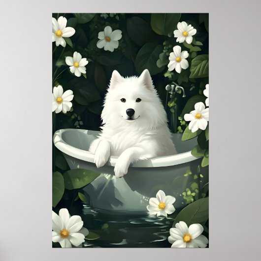 Samoyed In Bathtub Poster, Funny Dog Poster (Voorkant)