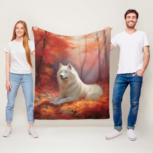 Samoyed in herfstbladeren val inspireert fleece deken (In situ)