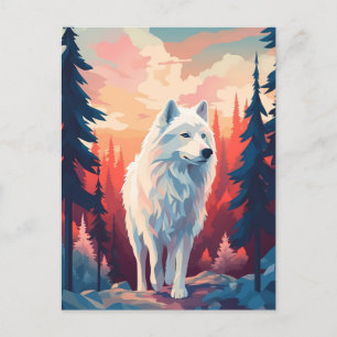 Samoyed in het bos tijdens zonsondergang briefkaart