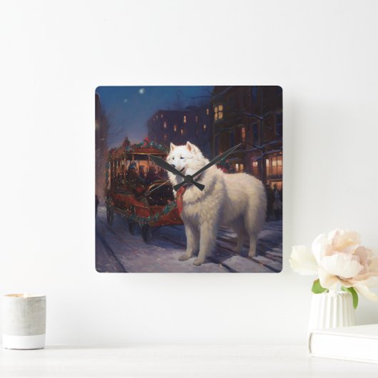 Samoyed Kerstfeest Seizoen Vierkante Klok (Huis)