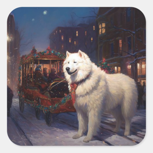 Samoyed Kerstfeest Seizoen Vierkante Sticker (Voorkant)