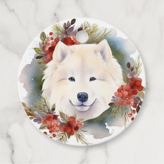 Samoyed Kerstkrans Feestelijke Pup Bedankjes Labels (Voorkant)
