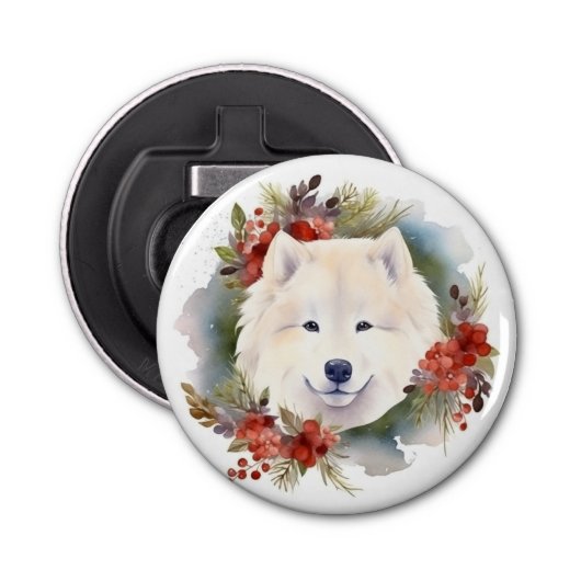 Samoyed Kerstkrans Feestelijke Pup Button Flesopener (Voorkant)