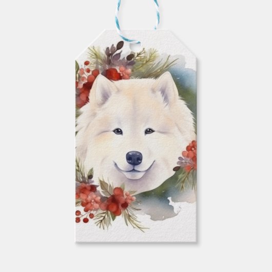 Samoyed Kerstkrans Feestelijke Pup Cadeaulabel (Voorkant)