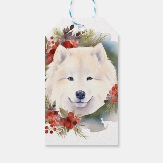 Samoyed Kerstkrans Feestelijke Pup Cadeaulabel (Achterkant)