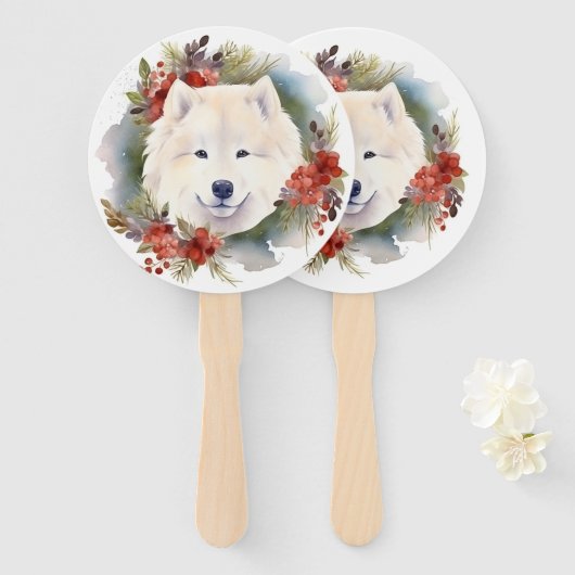 Samoyed Kerstkrans Feestelijke Pup Handwaaier (Voorkant en achterkant)