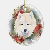 Samoyed Kerstkrans Feestelijke Pup Keramisch Ornament (Links)