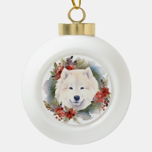 Samoyed Kerstkrans Feestelijke Pup Keramische Bal Ornament (Voorkant)