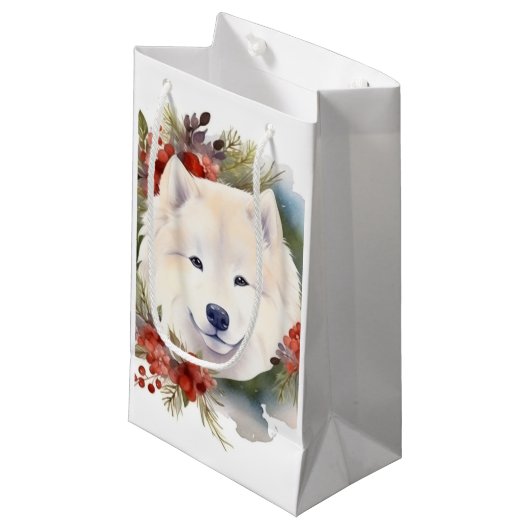Samoyed Kerstkrans Feestelijke Pup Klein Cadeauzakje (Voorkant Gekanteld)