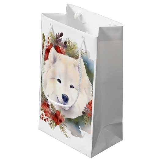 Samoyed Kerstkrans Feestelijke Pup Klein Cadeauzakje (Achterkant Gekanteld)