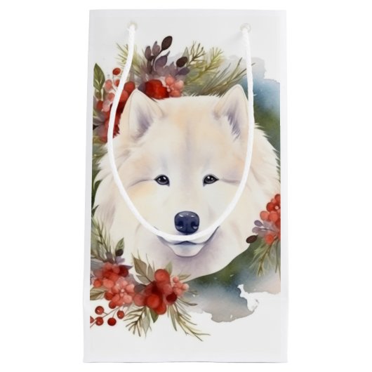 Samoyed Kerstkrans Feestelijke Pup Klein Cadeauzakje (Voorkant)