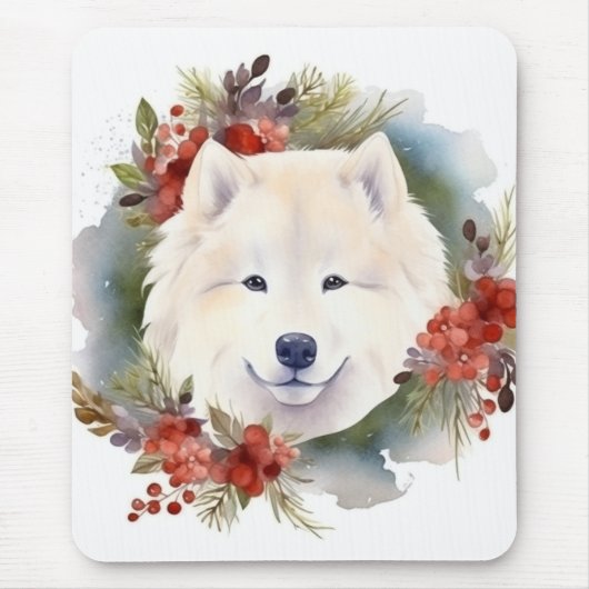 Samoyed Kerstkrans Feestelijke Pup Muismat (Voorkant)
