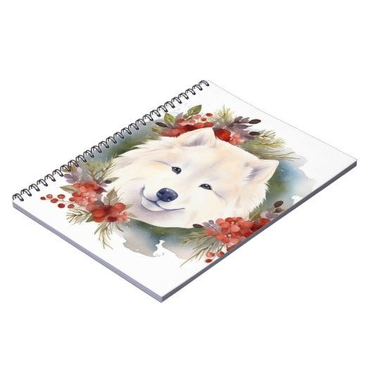 Samoyed Kerstkrans Feestelijke Pup Notitieboek (Linkerzijde)