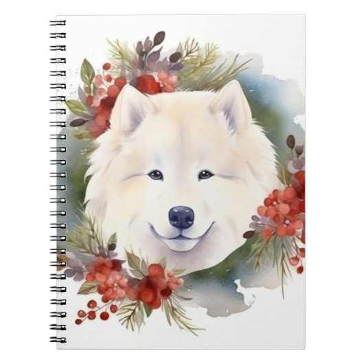Samoyed Kerstkrans Feestelijke Pup Notitieboek (Voorkant)