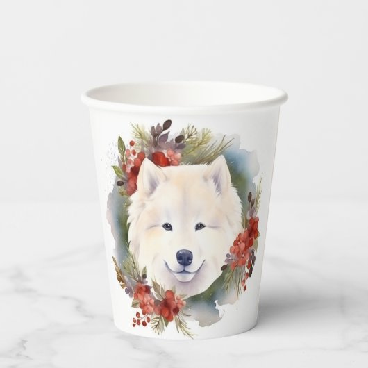 Samoyed Kerstkrans Feestelijke Pup Papieren Bekers (Achterkant)