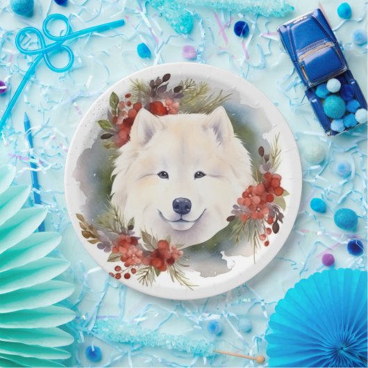 Samoyed Kerstkrans Feestelijke Pup Papieren Bordje (Feest)