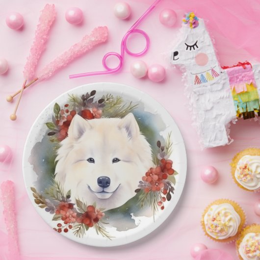 Samoyed Kerstkrans Feestelijke Pup Papieren Bordje (Feest)