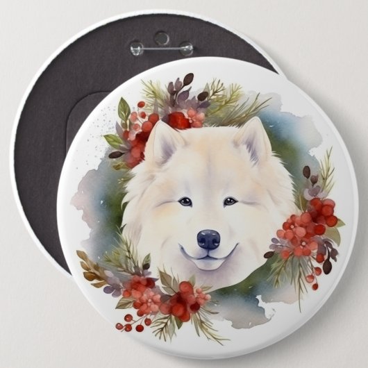 Samoyed Kerstkrans Feestelijke Pup Ronde Button 6,0 Cm (Voorkant /achterkant)