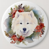 Samoyed Kerstkrans Feestelijke Pup Ronde Button 6,0 Cm (Voorkant)