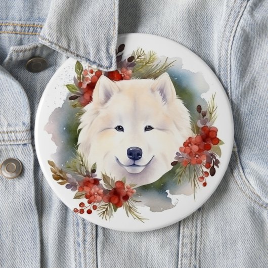 Samoyed Kerstkrans Feestelijke Pup Ronde Button 6,0 Cm (In situ)