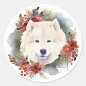 Samoyed Kerstkrans Feestelijke Pup Ronde Sticker (Voorkant)