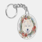 Samoyed Kerstkrans Feestelijke Pup Sleutelhanger (Voorkant Links)