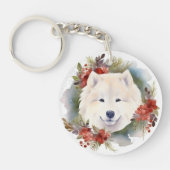Samoyed Kerstkrans Feestelijke Pup Sleutelhanger (Voorkant)