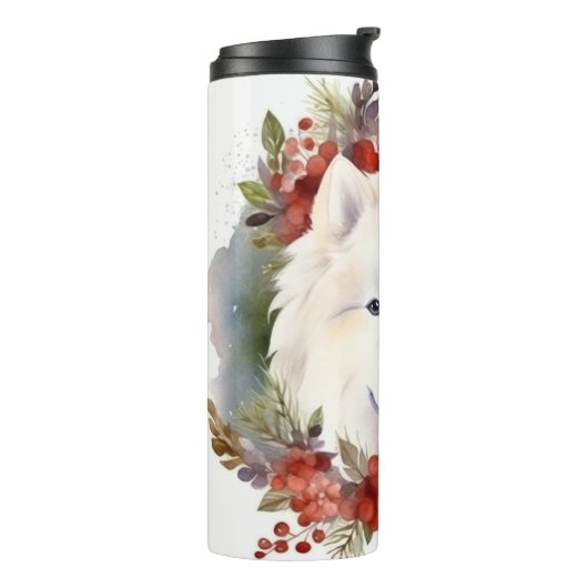 Samoyed Kerstkrans Feestelijke Pup Thermosbeker (Gedraaid links)