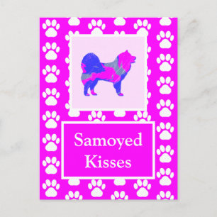 Samoyed Kisses Silhouette in Cute Pink & Blue Briefkaart