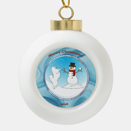 Samoyed Magic; Vakantievorming — keramisch Keramische Bal Ornament (Voorkant)